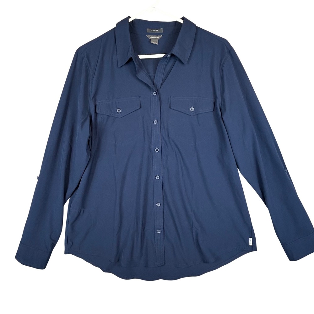 Eddie Bauer Womens Classic Fit Navy Blue Long Sleeve Button Down Shirt Large